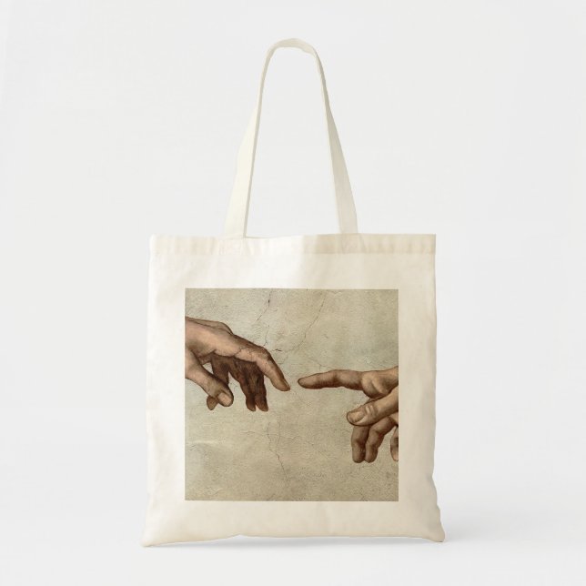 Michaelangelo hands creation adam god tote bag (Front)