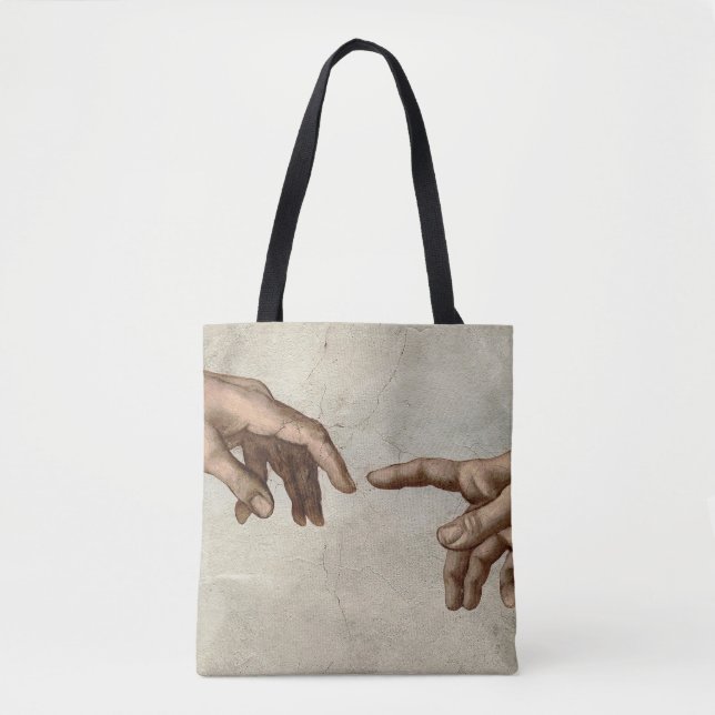 Michaelangelo hands creation adam god tote bag (Front)