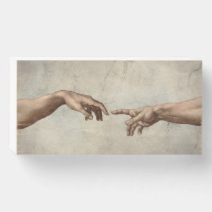 Michaelangelo hands creation adam god wooden box sign