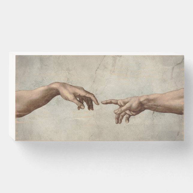 Michaelangelo hands creation adam god wooden box sign (Front Horizontal)