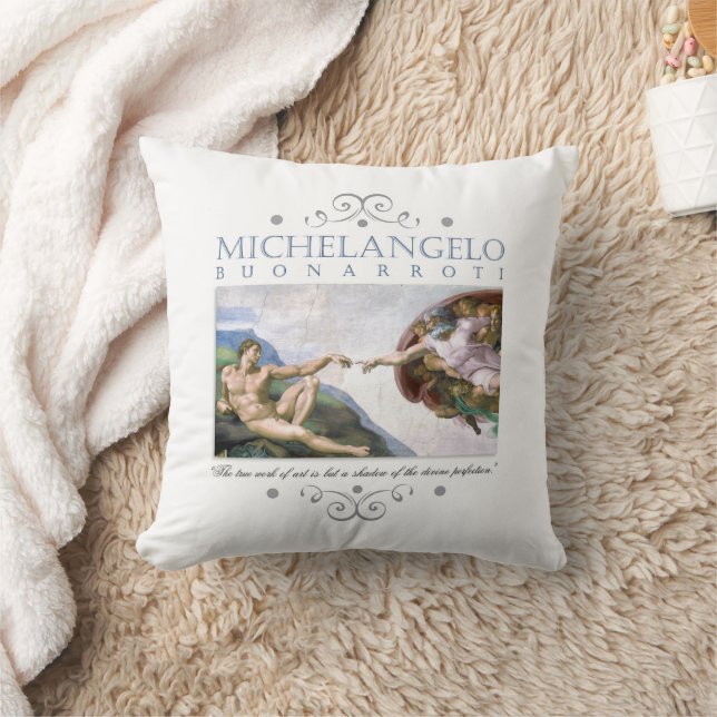 Michelangelo Creation of Man Painting with Quote Throw Pillow (Blanket)