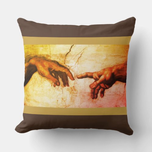Michelangelo hands vintage art on brown throw pillow
