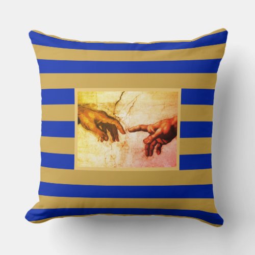 Michelangelo hands vintage art on golden  blue throw pillow