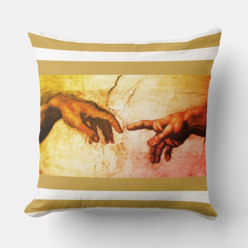 Michelangelo hands vintage art on golden  white throw pillow