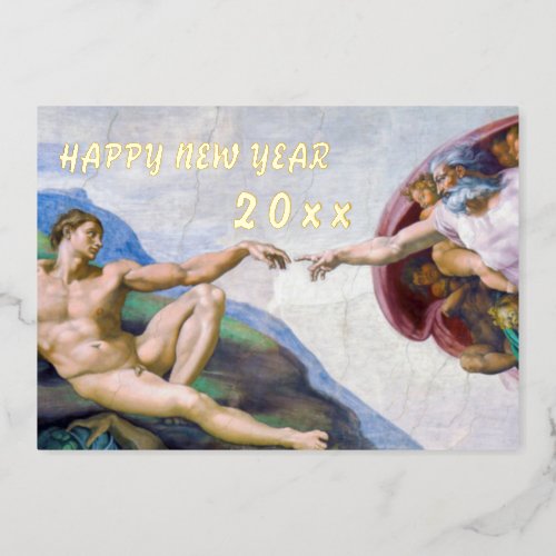 Michelangelo _ Happy New Year  Creation of Adam Foil Holiday Card