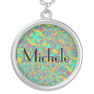 Michele name with abstract art background silver plated necklace