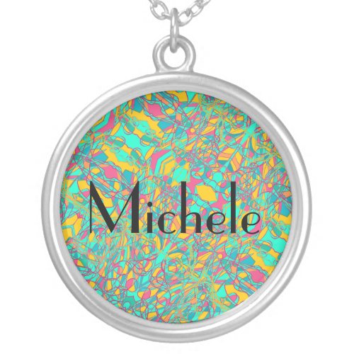 Michele name with abstract art background silver plated necklace