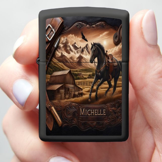 Michelle Horse Carving With Barn and Mountains Zippo Lighter (In Hand)
