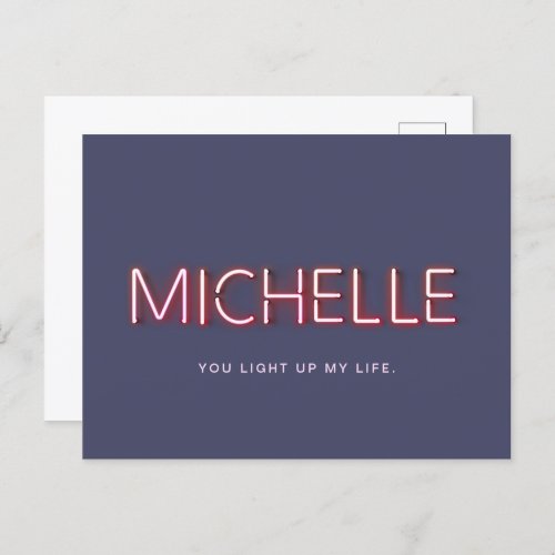 Michelle in neon lights you light up my life postcard
