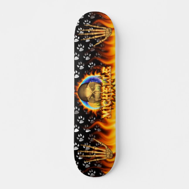Michelle skull real fire and flames skateboard des deck (Front)