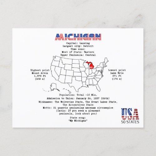 Michigan American state on a map and useful info Holiday Postcard