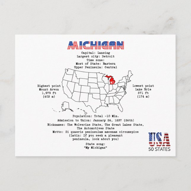 Michigan American state on a map and useful info Holiday Postcard (Front)