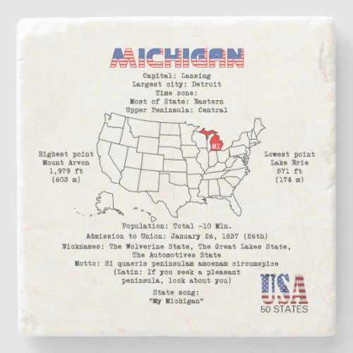 Michigan American state on a map and useful info Stone Coaster