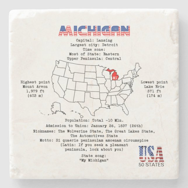 Michigan American state on a map and useful info Stone Coaster (Front)