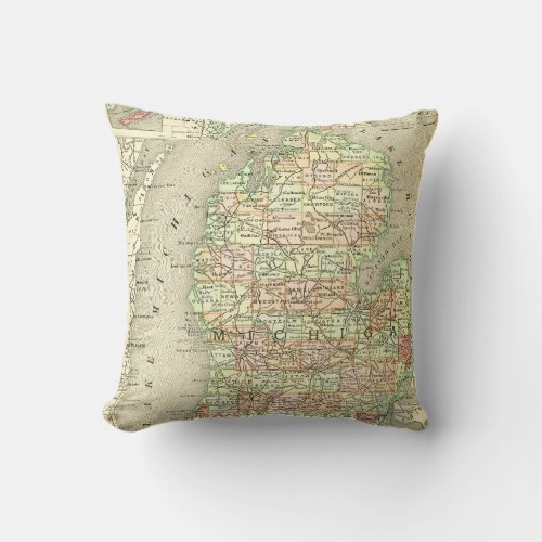 Michigan Antique Map Colorful State Mitten Throw Pillow