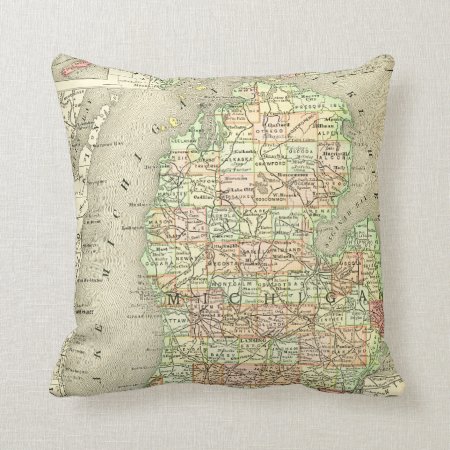 Michigan Antique Map Colorful State Mitten Throw Pillow
