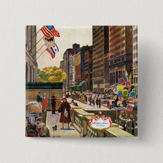Michigan Avenue, Chicago by John Falter Pinback Button (Front)