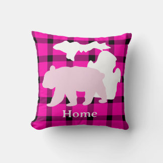 Michigan Bear Home in Buffalo Plaid Throw Pillow