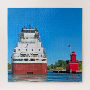 Michigan Big Red Lighthouse and a Freighter Jigsaw Puzzle