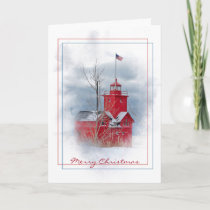 Michigan Big Red lighthouse in winter Holiday Card