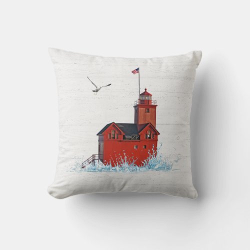 Michigan Big Red Lighthouse  Throw Pillow