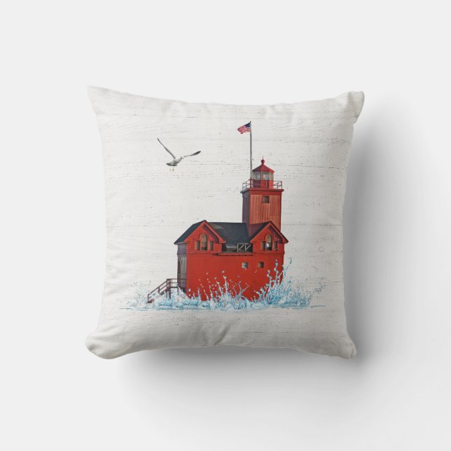 Michigan Big Red Lighthouse  Throw Pillow (Front)