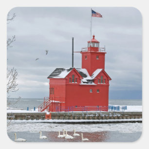 Michigan Big Red Lighthouse Winter Swans Square Sticker