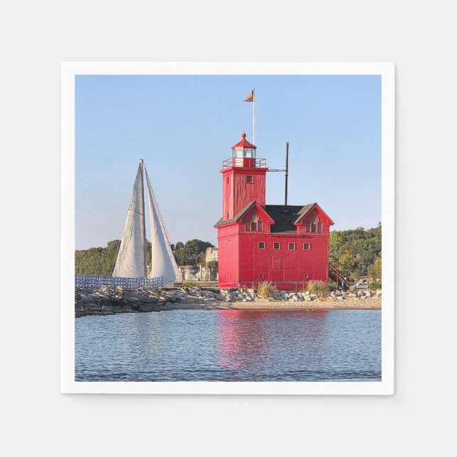 Michigan Big Red Lighthouse With Sailboat Napkins (Front)