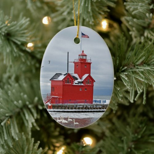 Michigan Big Red Lighthouse With Swans Ceramic Ornament