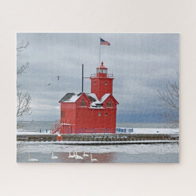 Michigan Big Red Lighthouse With Swans Jigsaw Puzzle (Horizontal)