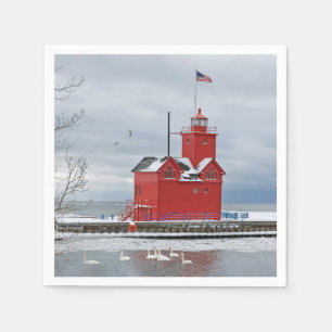 Michigan Big Red Lighthouse With Winter Swans Napkins