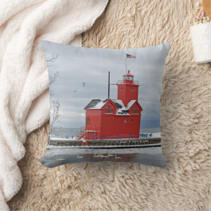 Michigan Big Red Lighthouse With Winter Swans Throw Pillow