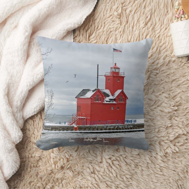 Michigan Big Red Lighthouse With Winter Swans Throw Pillow (Blanket)