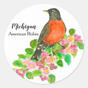 Michigan Bird American Robin Blossoms Classic Round Sticker