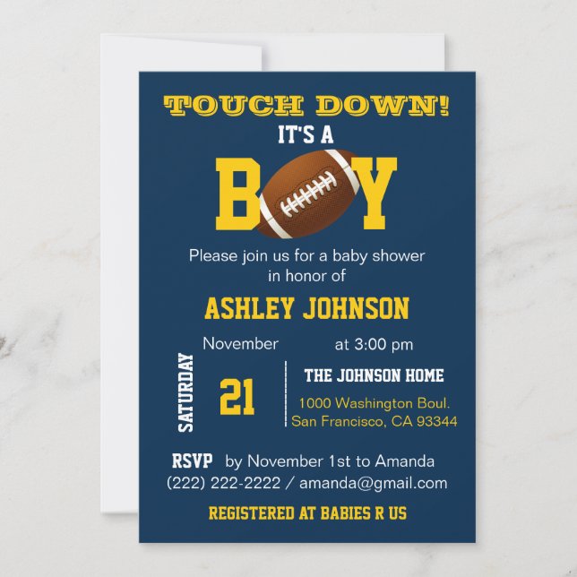 Michigan Blue Yellow Football Theme Baby Shower Invitation (Front)