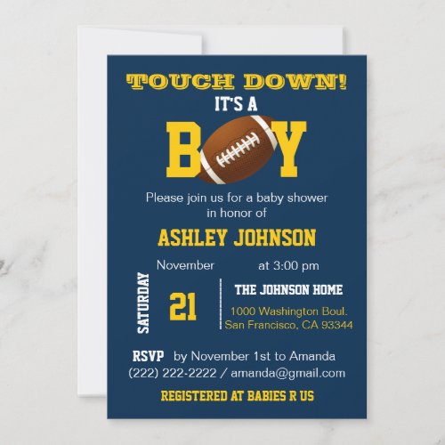 Michigan Blue Yellow Football Theme Baby Shower Invitation