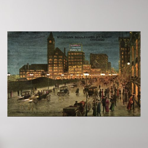 Michigan Boulevard at Night Chicago 1911 Postcard Poster