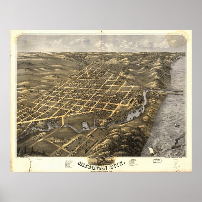 Michigan City Indiana 1869 Antique Panoramic Map Poster (Front)