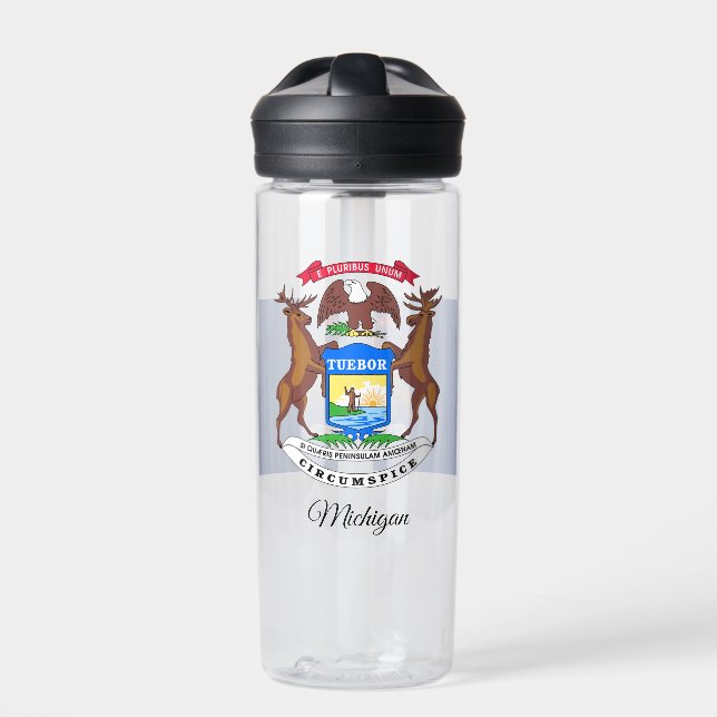 Michigan Coat of Arms, Flag, Michigan Water Bottle (Front)
