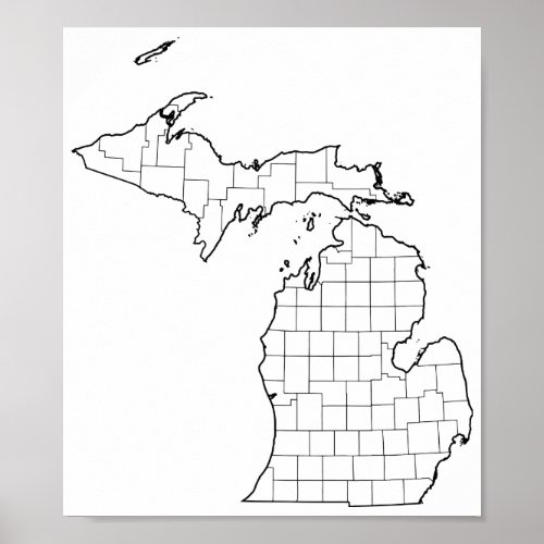 Michigan Counties Blank Outline Map Poster