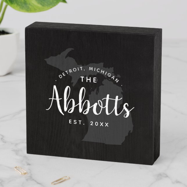 Michigan Family Monogram State Map Wooden Box Sign (In Situ Horizontal)