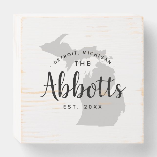 Michigan Family Monogram State Map Wooden Box Sign (Front Horizontal)