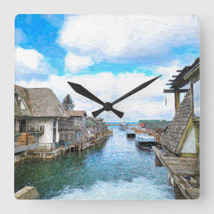 Michigan Fish Town Painting   Square Wall Clock