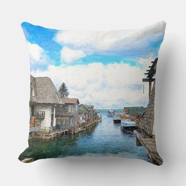 Michigan Fish Town Painting Throw Pillow (Front)