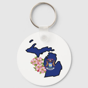 Michigan Flag with State Flower Apple Blossom  Mag Keychain