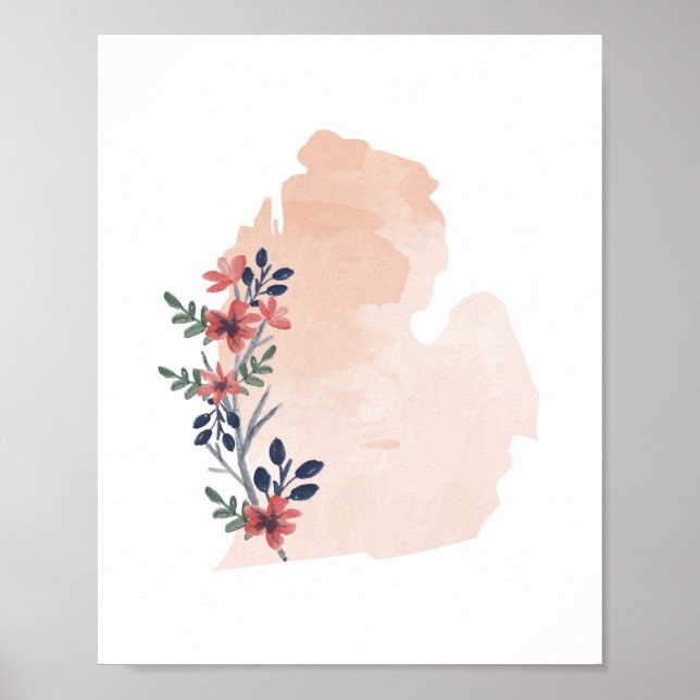 Michigan Floral Watercolor State Poster (Front)