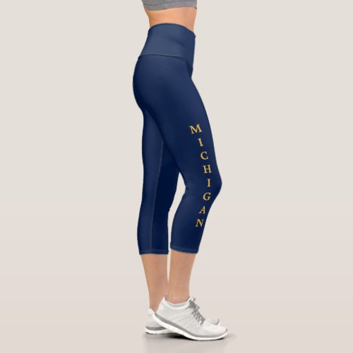 Michigan Gold Lettering Blue Capri Leggings