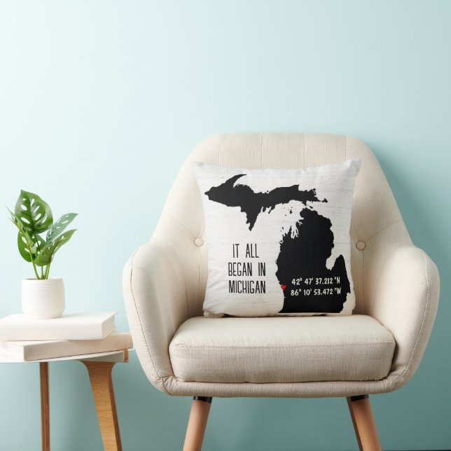 Michigan GPS Coordinates Throw Pillow (Chair)