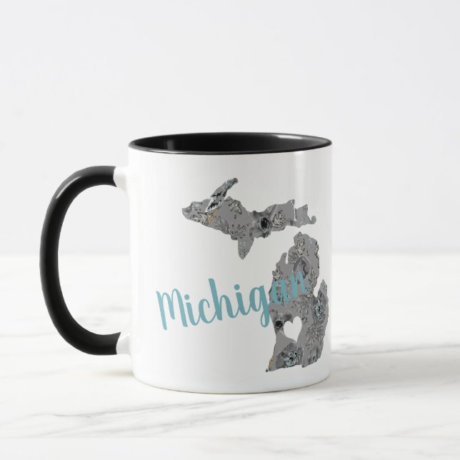 Michigan Gray Blue Poppies Floral Pattern Mug (Left)