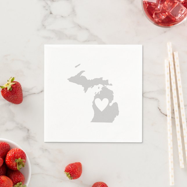 Michigan Gray Map Shape Heart Cutout Paper Party Napkins (Insitu)